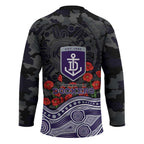 Fremantle Dockers ANZAC Day Hockey Jersey Indigenous Dot Art with Poppy Flower Tribute