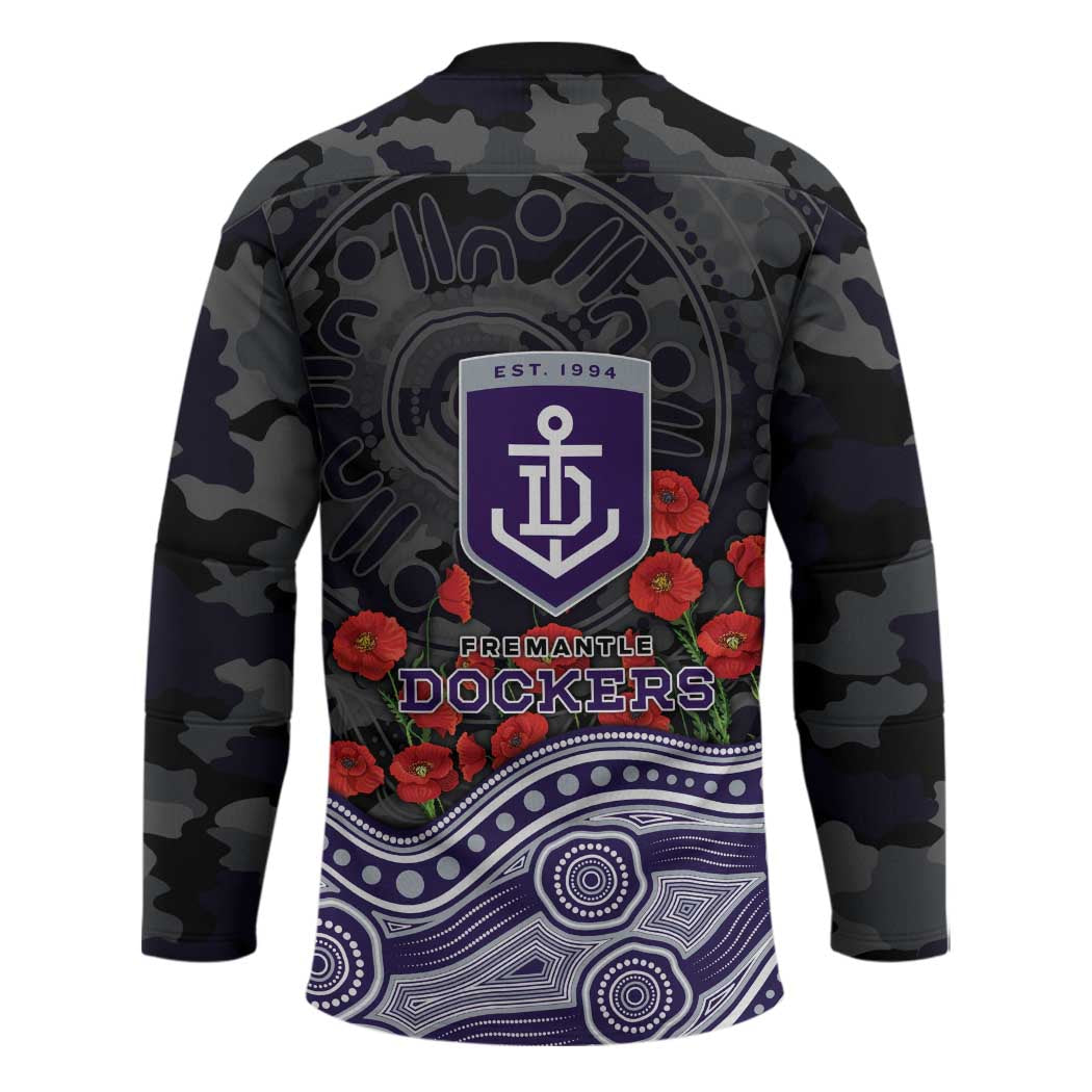 Fremantle Dockers ANZAC Day Hockey Jersey Indigenous Dot Art with Poppy Flower Tribute