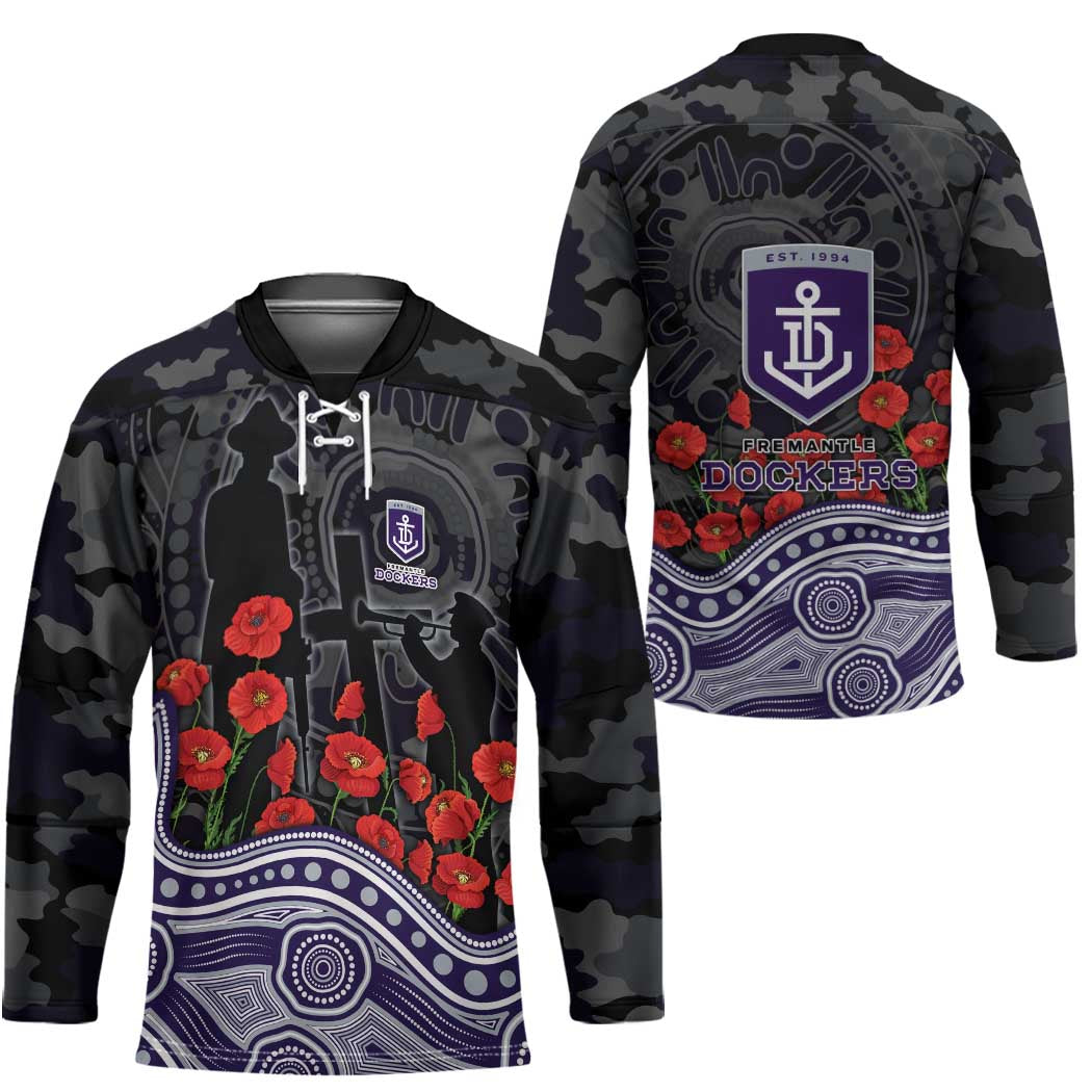 Fremantle Dockers ANZAC Day Hockey Jersey Indigenous Dot Art with Poppy Flower Tribute