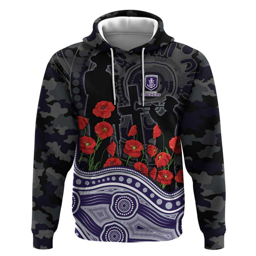 Fremantle Dockers ANZAC Day Hoodie Indigenous Dot Art with Poppy Flower Tribute