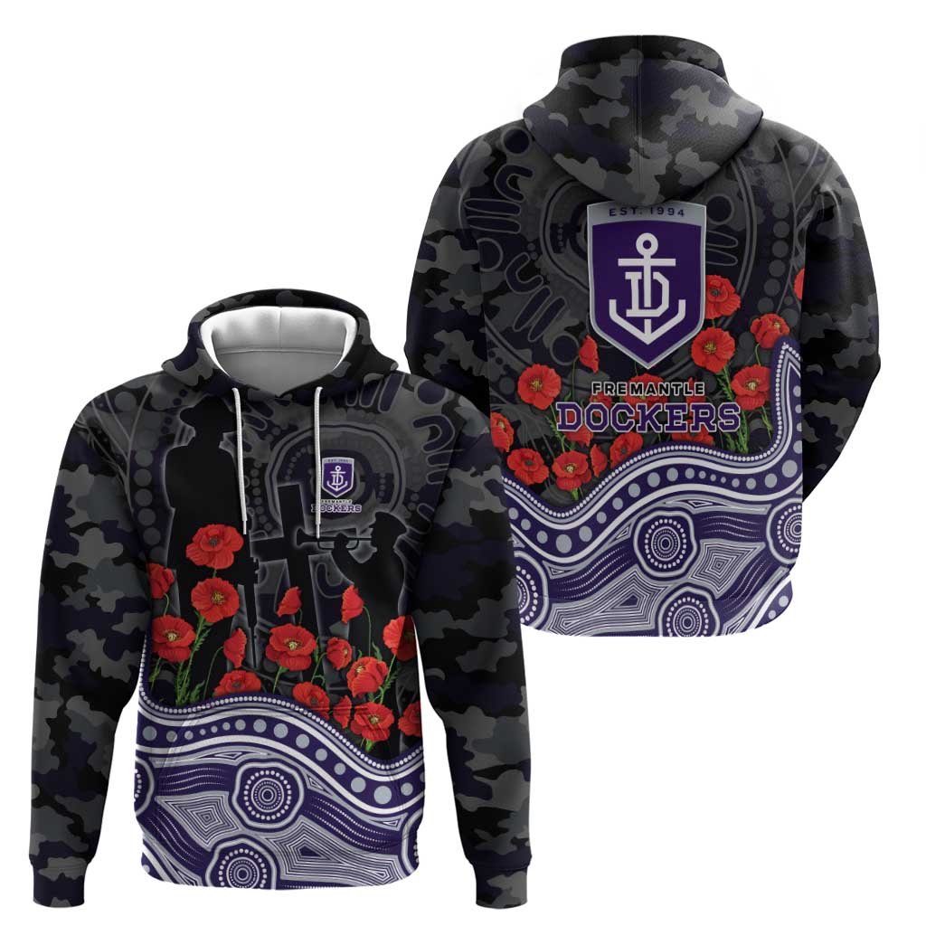 Fremantle Dockers ANZAC Day Hoodie Indigenous Dot Art with Poppy Flower Tribute