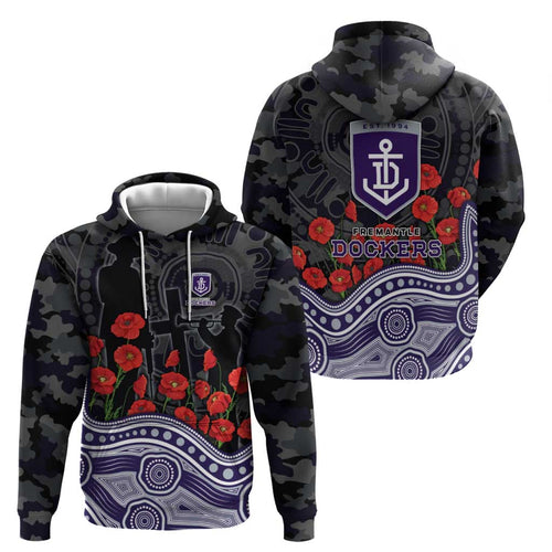 Fremantle Dockers ANZAC Day Hoodie Indigenous Dot Art with Poppy Flower Tribute