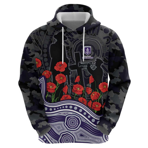 Fremantle Dockers ANZAC Day Hoodie Indigenous Dot Art with Poppy Flower Tribute