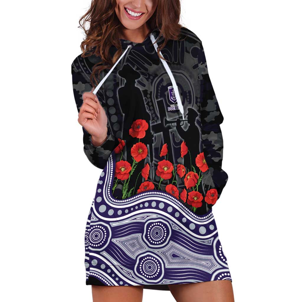 Fremantle Dockers ANZAC Day Hoodie Dress Indigenous Dot Art with Poppy Flower Tribute
