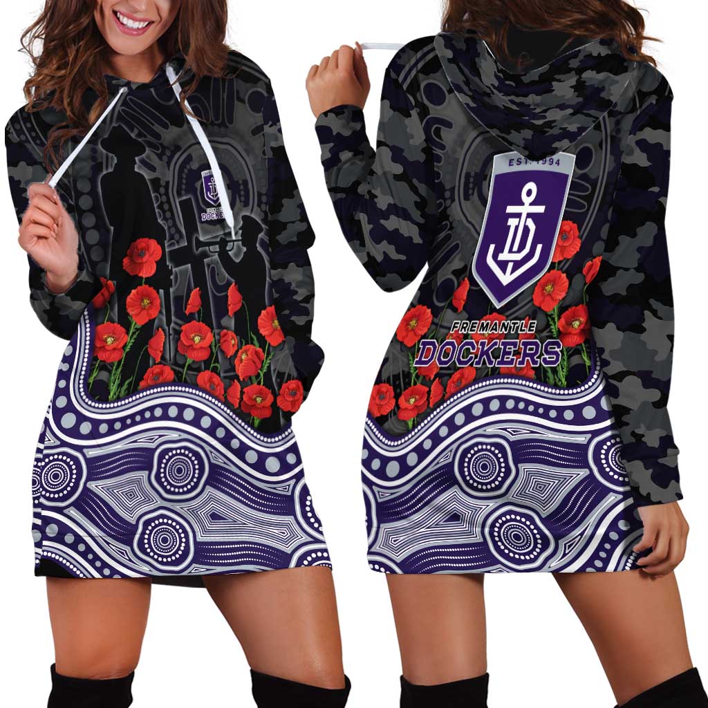 Fremantle Dockers ANZAC Day Hoodie Dress Indigenous Dot Art with Poppy Flower Tribute