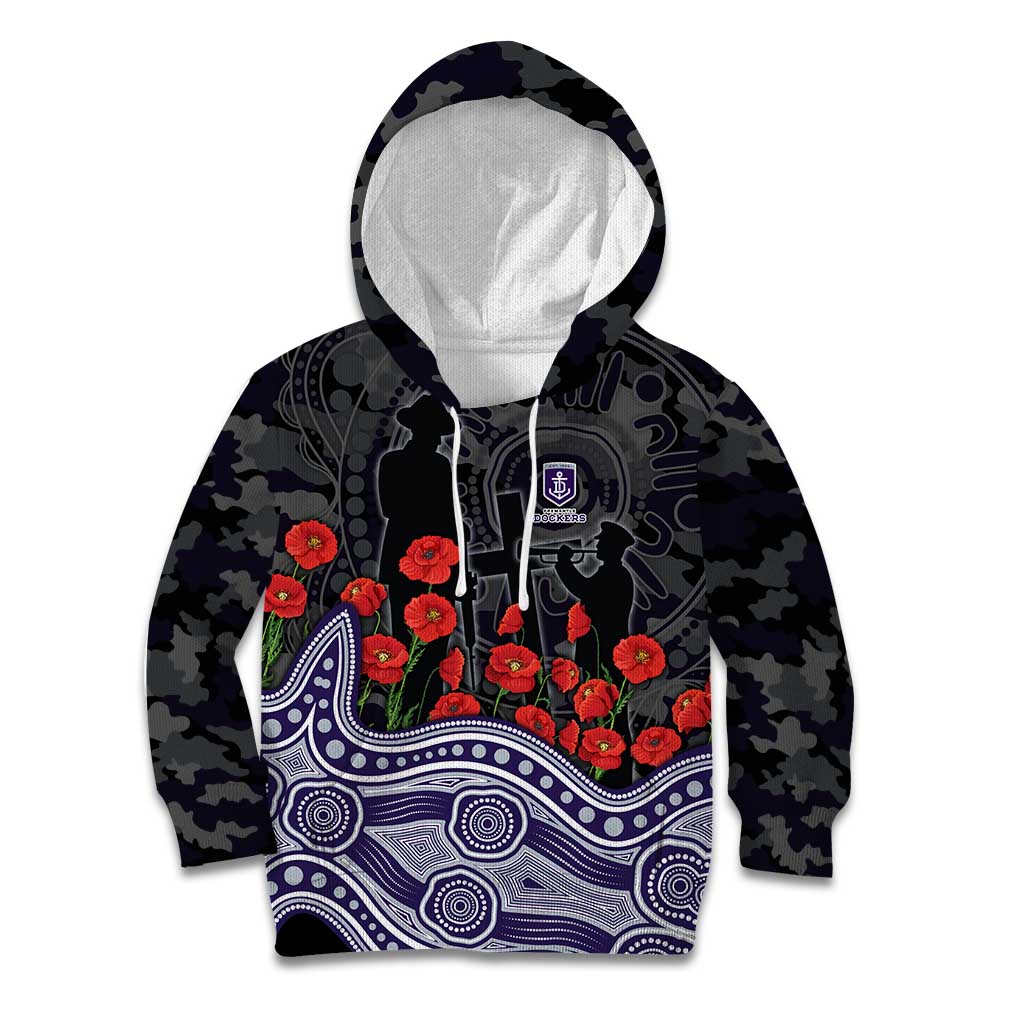 Fremantle Dockers ANZAC Day Kid Hoodie Indigenous Dot Art with Poppy Flower Tribute