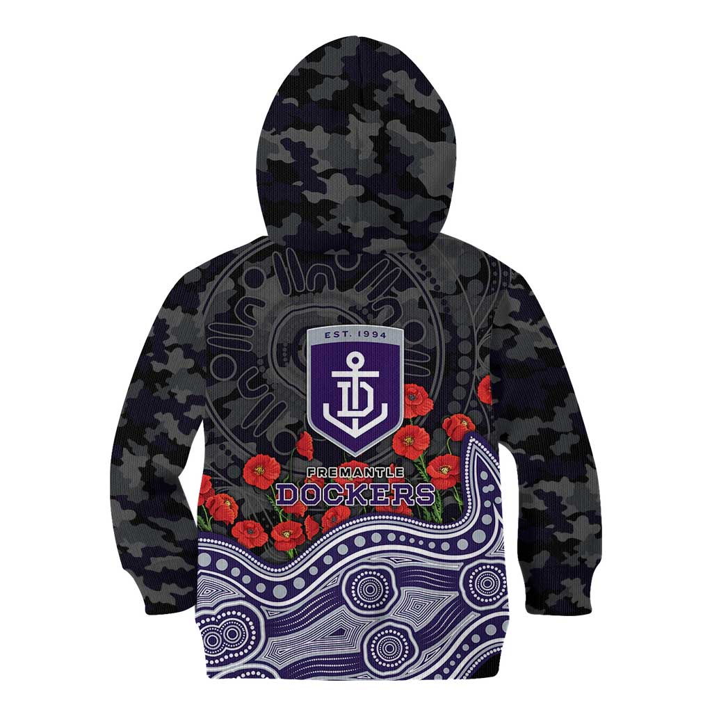 Fremantle Dockers ANZAC Day Kid Hoodie Indigenous Dot Art with Poppy Flower Tribute
