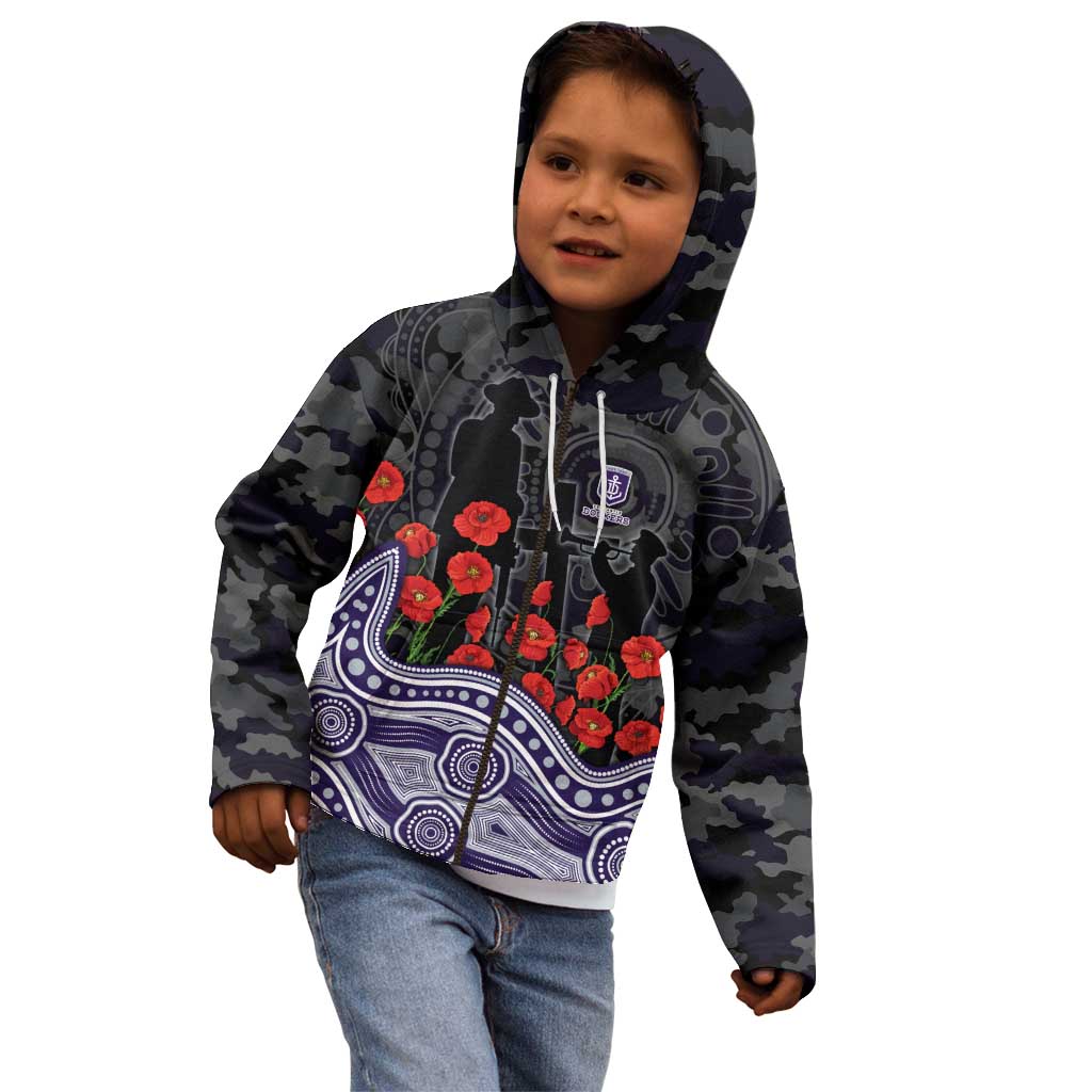 Fremantle Dockers ANZAC Day Kid Hoodie Indigenous Dot Art with Poppy Flower Tribute