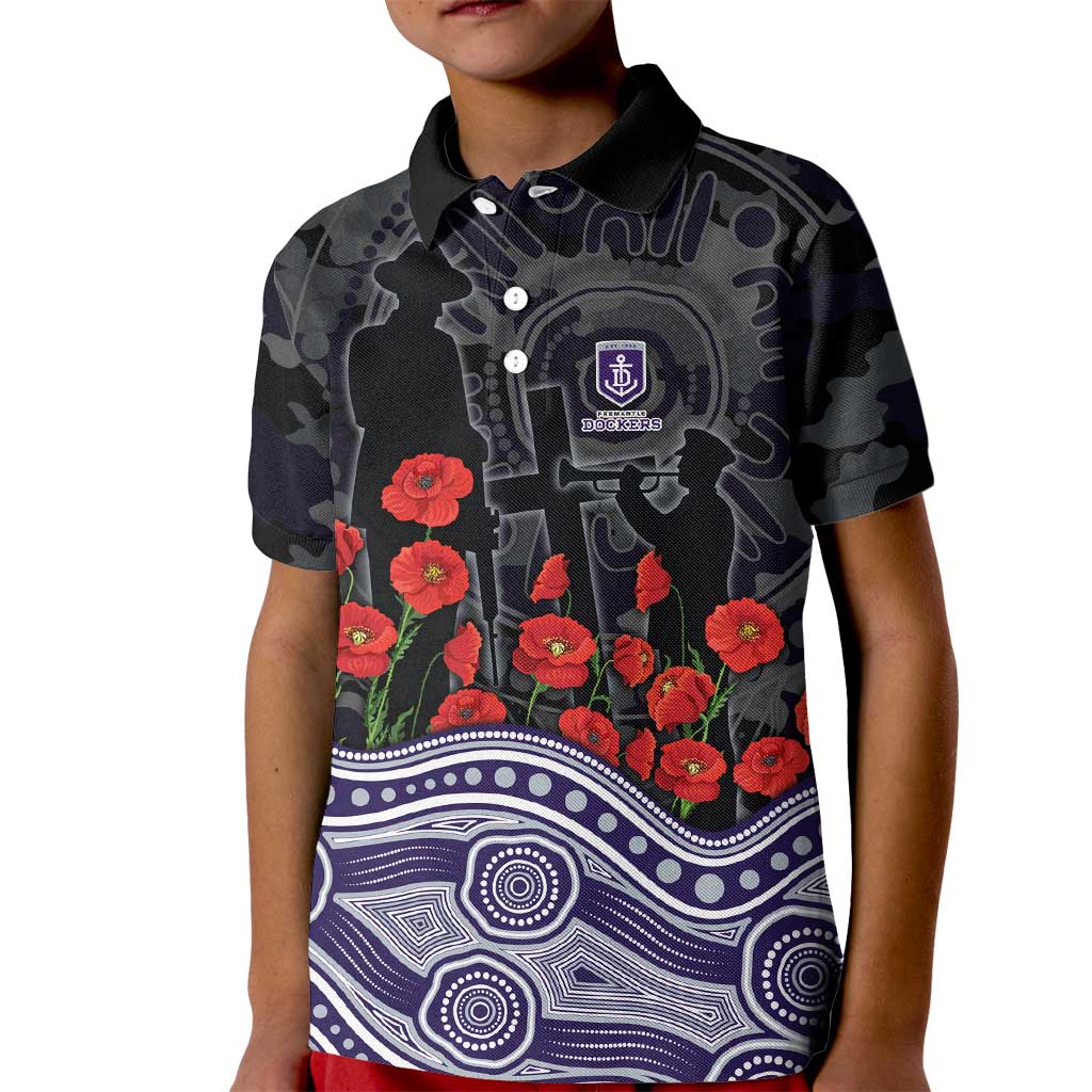 Fremantle Dockers ANZAC Day Kid Polo Shirt Indigenous Dot Art with Poppy Flower Tribute