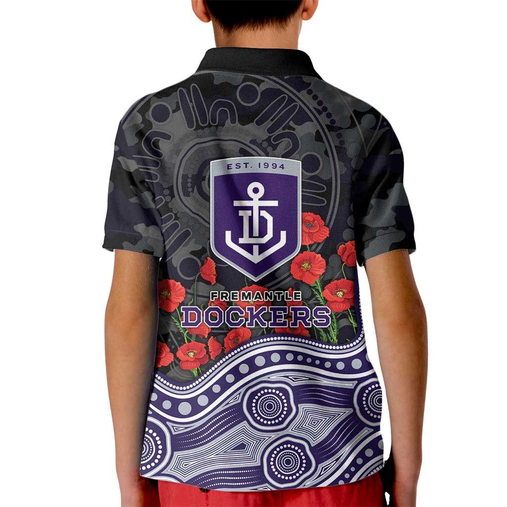 Fremantle Dockers ANZAC Day Kid Polo Shirt Indigenous Dot Art with Poppy Flower Tribute