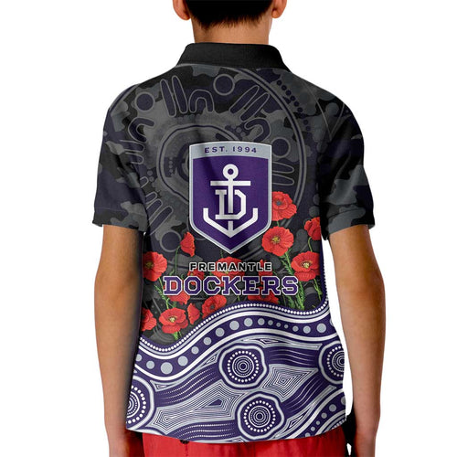 Fremantle Dockers ANZAC Day Kid Polo Shirt Indigenous Dot Art with Poppy Flower Tribute