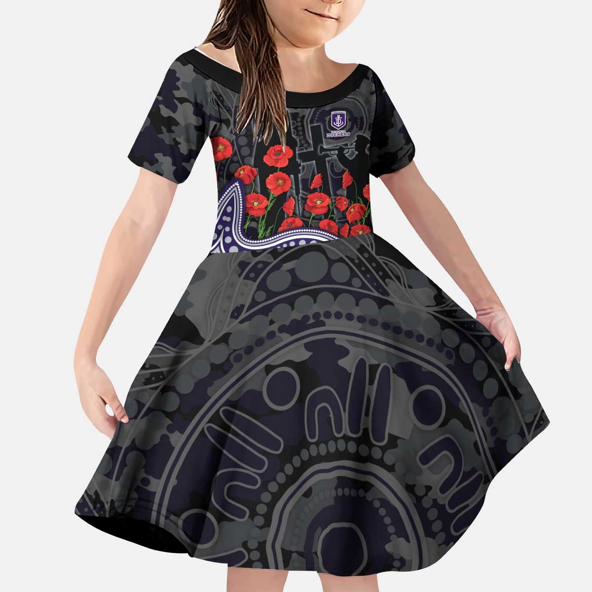 Fremantle Dockers ANZAC Day Kid Short Sleeve Dress Indigenous Dot Art with Poppy Flower Tribute