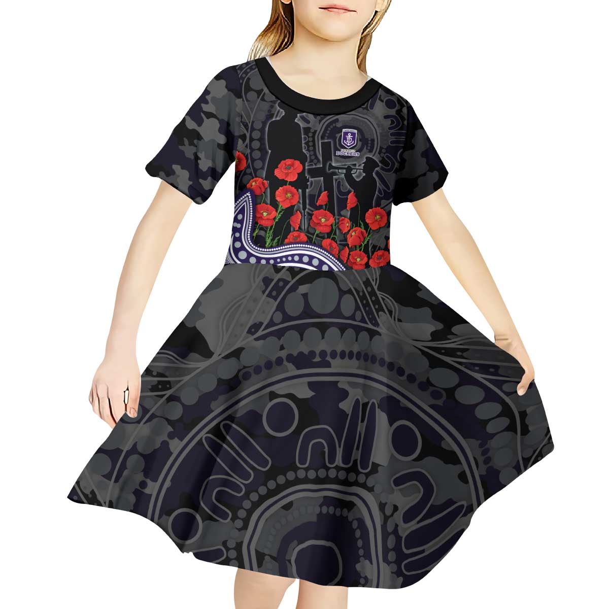Fremantle Dockers ANZAC Day Kid Short Sleeve Dress Indigenous Dot Art with Poppy Flower Tribute