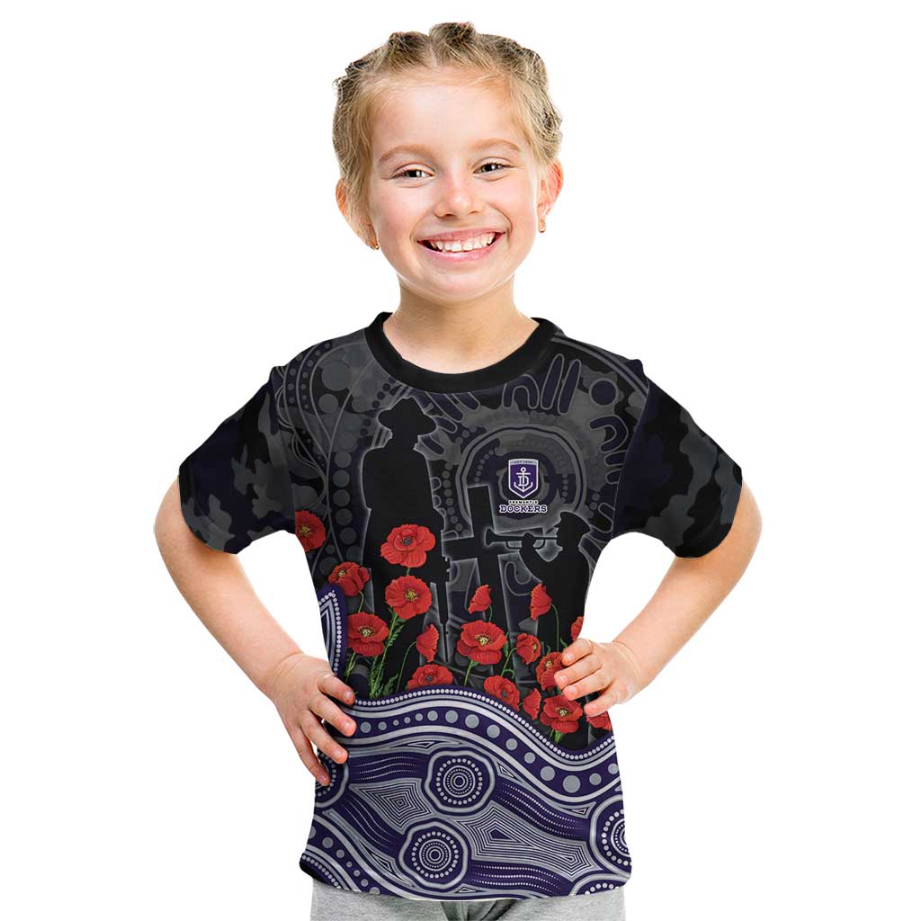 Fremantle Dockers ANZAC Day Kid T Shirt Indigenous Dot Art with Poppy Flower Tribute