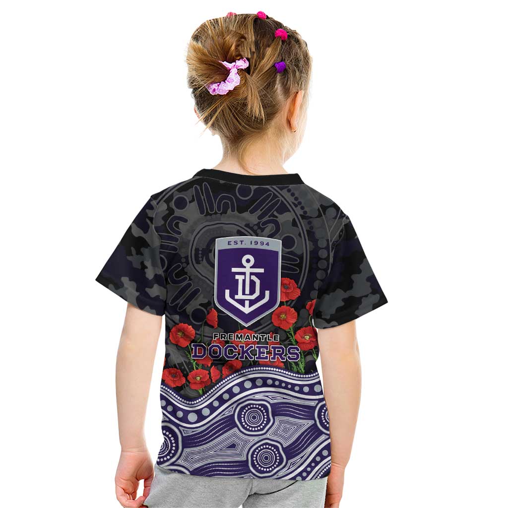 Fremantle Dockers ANZAC Day Kid T Shirt Indigenous Dot Art with Poppy Flower Tribute