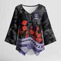 Fremantle Dockers ANZAC Day Kimono Sleeve Blouse Indigenous Dot Art with Poppy Flower Tribute