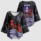 Fremantle Dockers ANZAC Day Kimono Sleeve Blouse Indigenous Dot Art with Poppy Flower Tribute