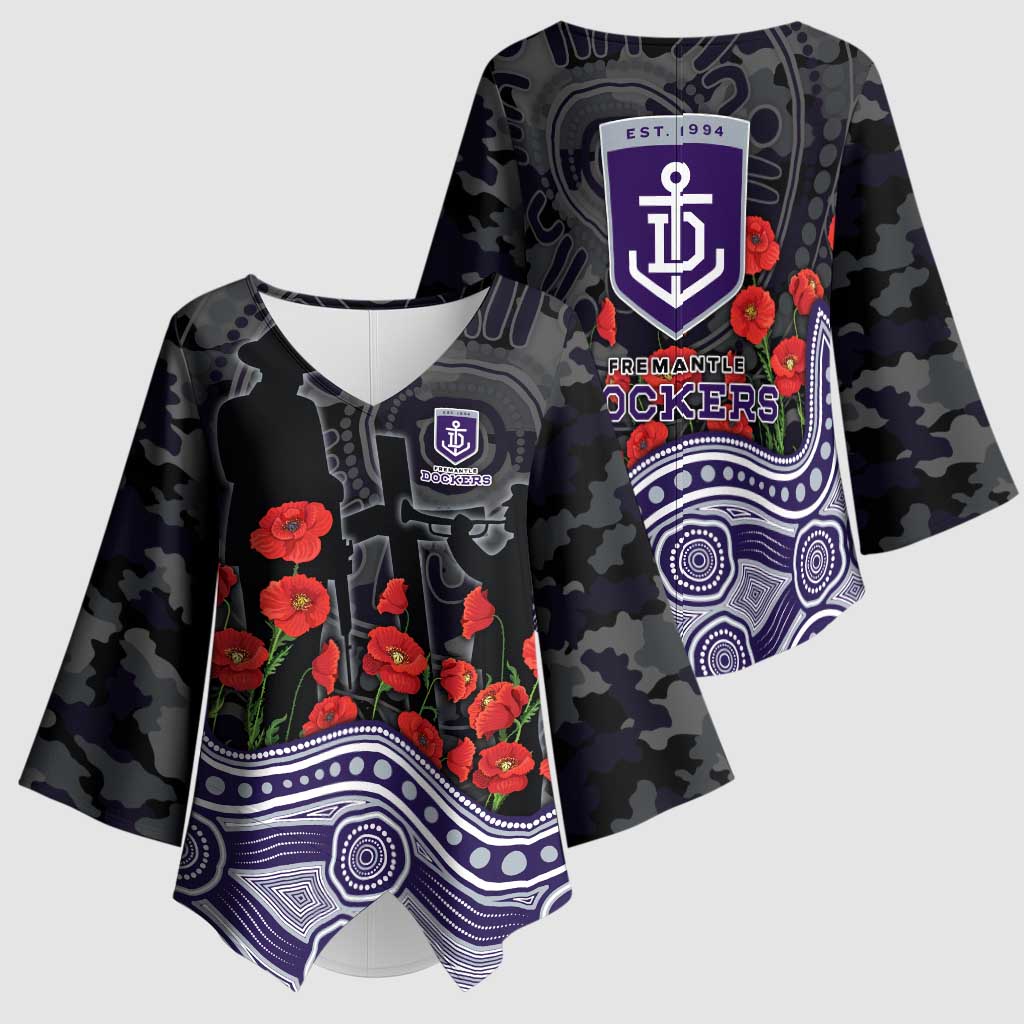Fremantle Dockers ANZAC Day Kimono Sleeve Blouse Indigenous Dot Art with Poppy Flower Tribute