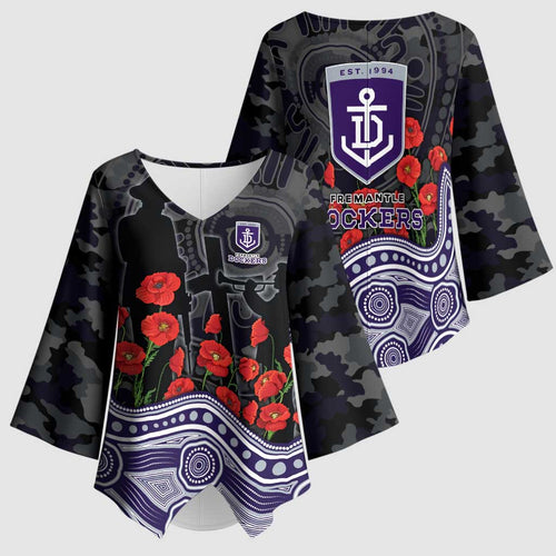 Fremantle Dockers ANZAC Day Kimono Sleeve Blouse Indigenous Dot Art with Poppy Flower Tribute