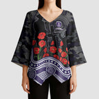 Fremantle Dockers ANZAC Day Kimono Sleeve Blouse Indigenous Dot Art with Poppy Flower Tribute