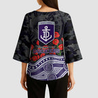 Fremantle Dockers ANZAC Day Kimono Sleeve Blouse Indigenous Dot Art with Poppy Flower Tribute