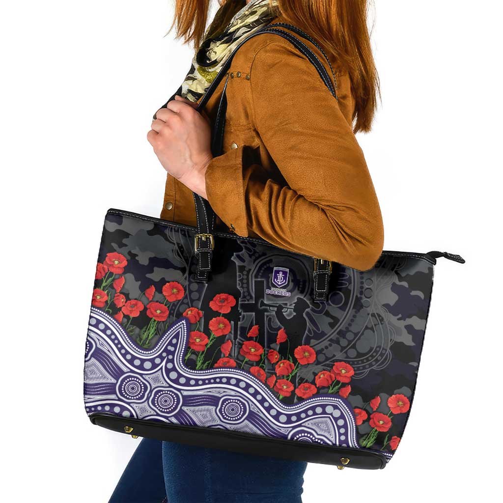 Fremantle Dockers ANZAC Day Leather Tote Bag Indigenous Dot Art with Poppy Flower Tribute