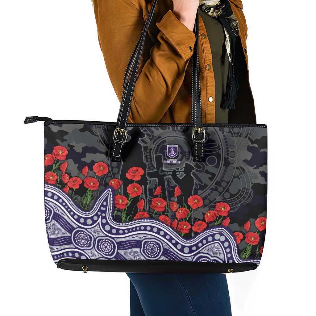 Fremantle Dockers ANZAC Day Leather Tote Bag Indigenous Dot Art with Poppy Flower Tribute