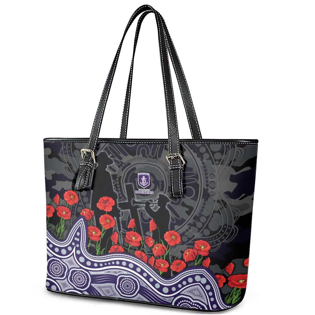 Fremantle Dockers ANZAC Day Leather Tote Bag Indigenous Dot Art with Poppy Flower Tribute