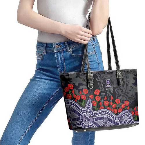 Fremantle Dockers ANZAC Day Leather Tote Bag Indigenous Dot Art with Poppy Flower Tribute