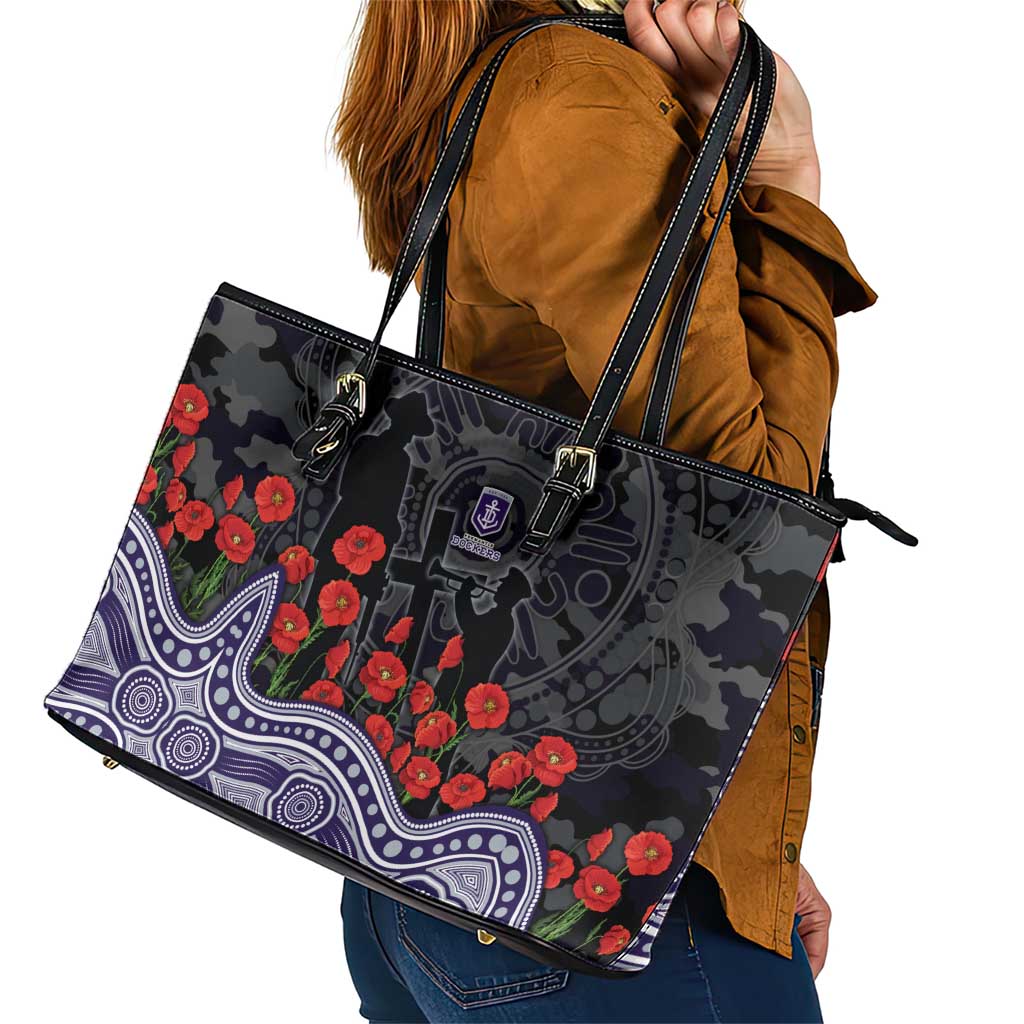 Fremantle Dockers ANZAC Day Leather Tote Bag Indigenous Dot Art with Poppy Flower Tribute