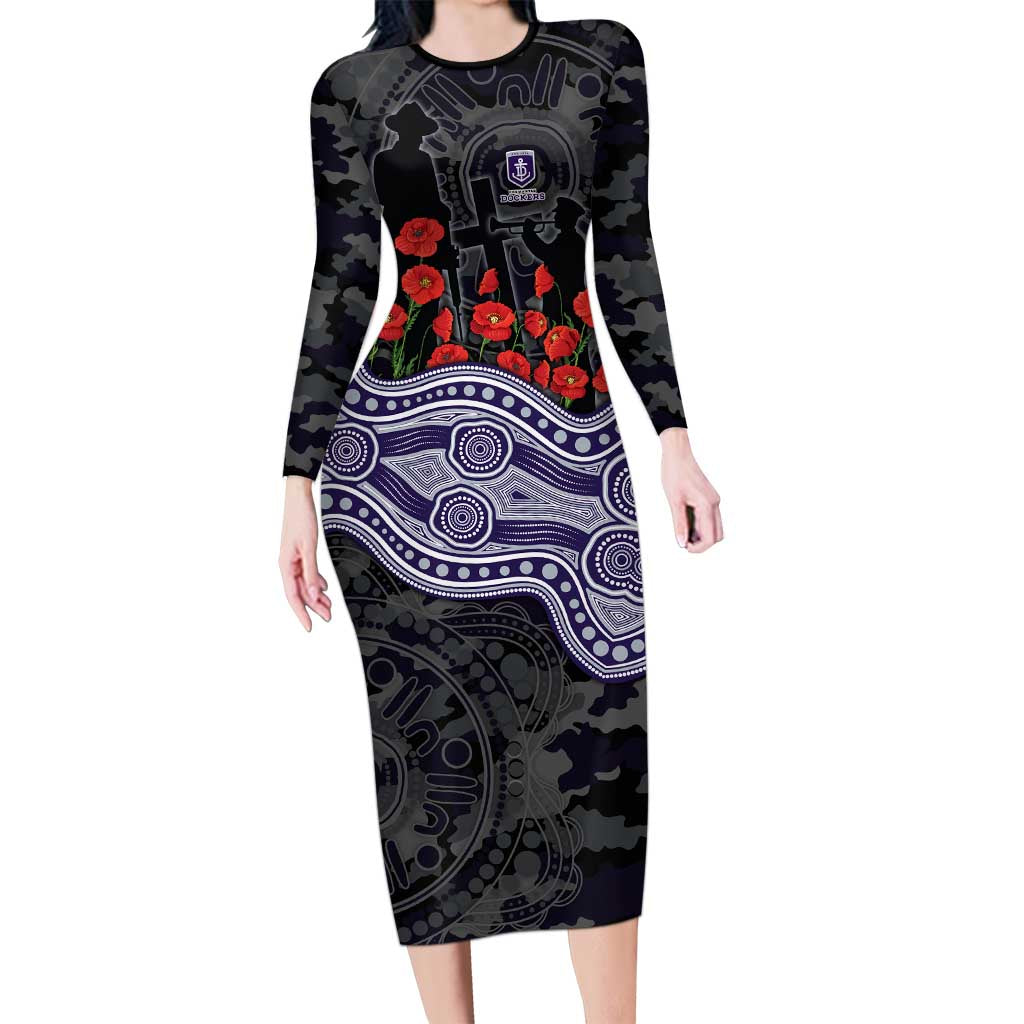 Fremantle Dockers ANZAC Day Long Sleeve Bodycon Dress Indigenous Dot Art with Poppy Flower Tribute