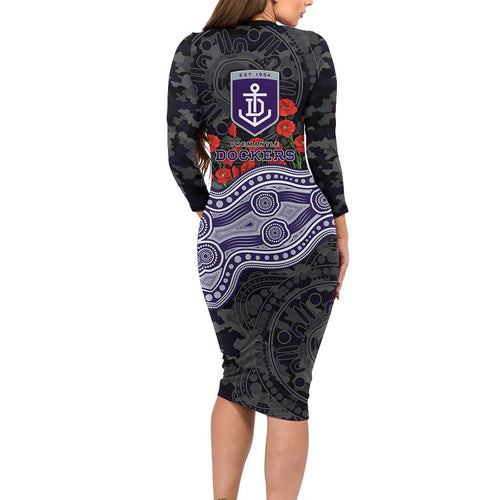 Fremantle Dockers ANZAC Day Long Sleeve Bodycon Dress Indigenous Dot Art with Poppy Flower Tribute