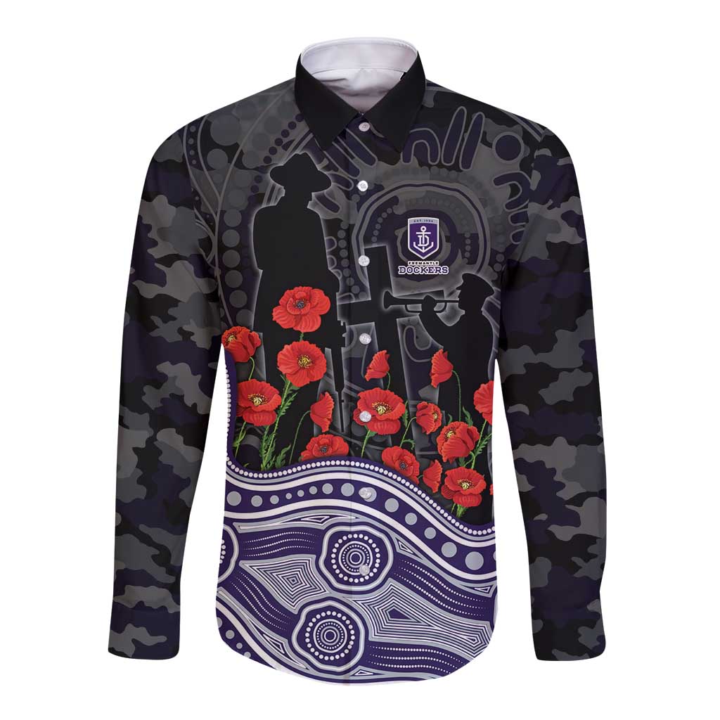 Fremantle Dockers ANZAC Day Long Sleeve Button Shirt Indigenous Dot Art with Poppy Flower Tribute