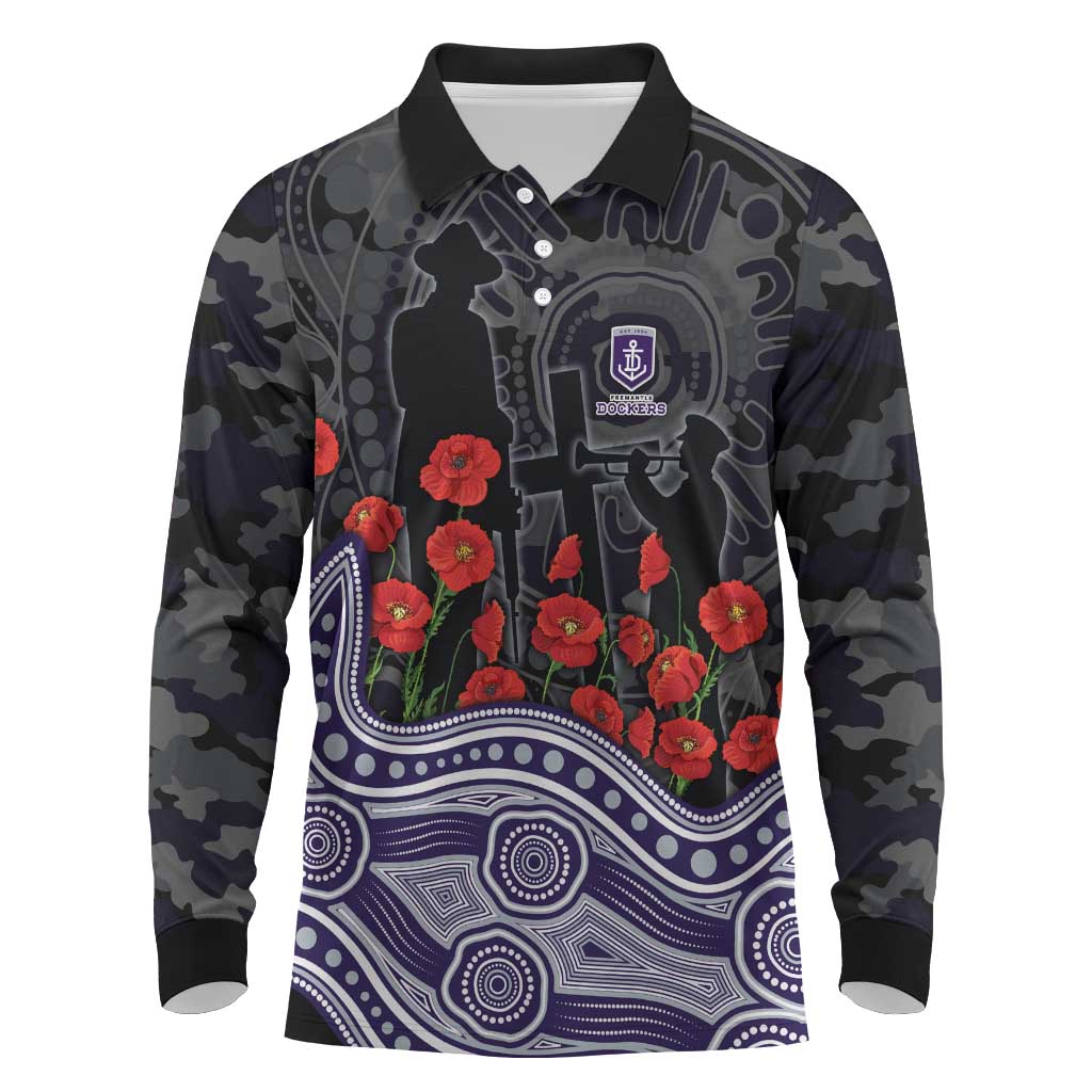 Fremantle Dockers ANZAC Day Long Sleeve Polo Shirt Indigenous Dot Art with Poppy Flower Tribute