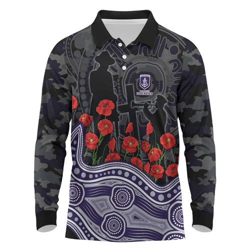 Fremantle Dockers ANZAC Day Long Sleeve Polo Shirt Indigenous Dot Art with Poppy Flower Tribute