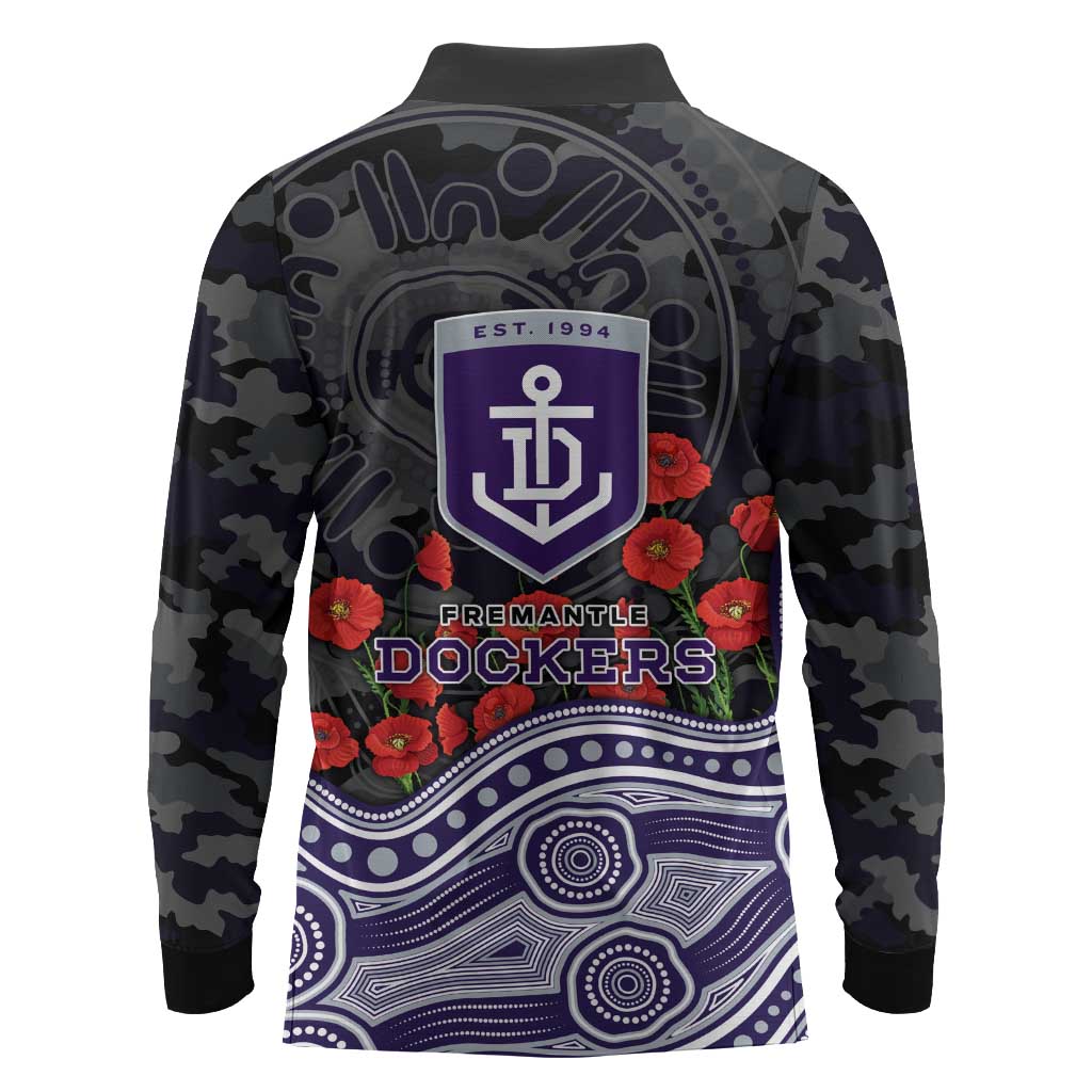 Fremantle Dockers ANZAC Day Long Sleeve Polo Shirt Indigenous Dot Art with Poppy Flower Tribute