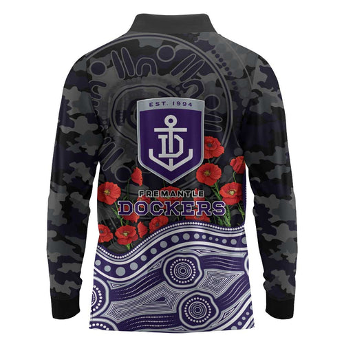 Fremantle Dockers ANZAC Day Long Sleeve Polo Shirt Indigenous Dot Art with Poppy Flower Tribute
