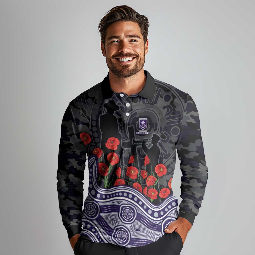 Fremantle Dockers ANZAC Day Long Sleeve Polo Shirt Indigenous Dot Art with Poppy Flower Tribute
