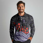 Fremantle Dockers ANZAC Day Long Sleeve Polo Shirt Indigenous Dot Art with Poppy Flower Tribute