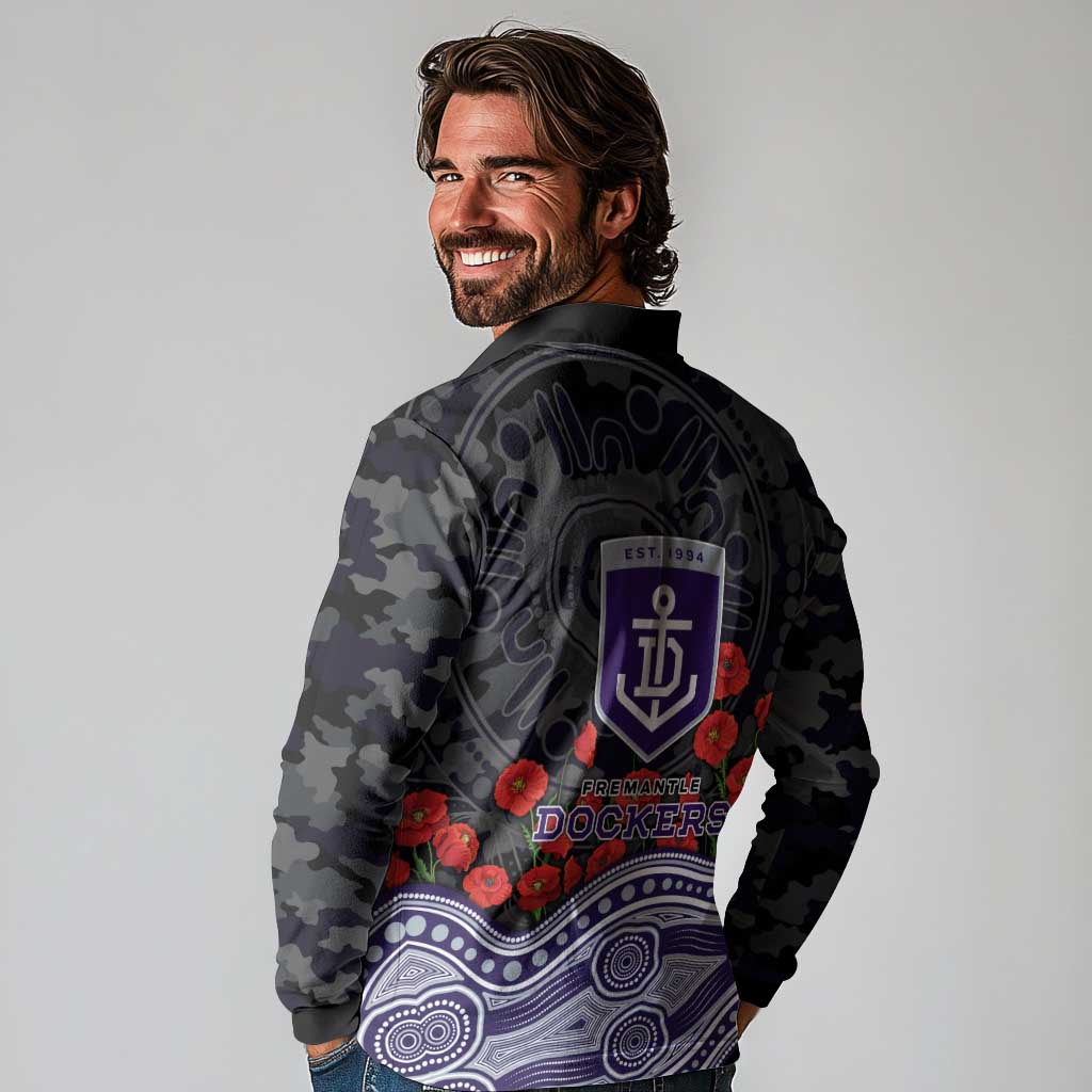 Fremantle Dockers ANZAC Day Long Sleeve Polo Shirt Indigenous Dot Art with Poppy Flower Tribute