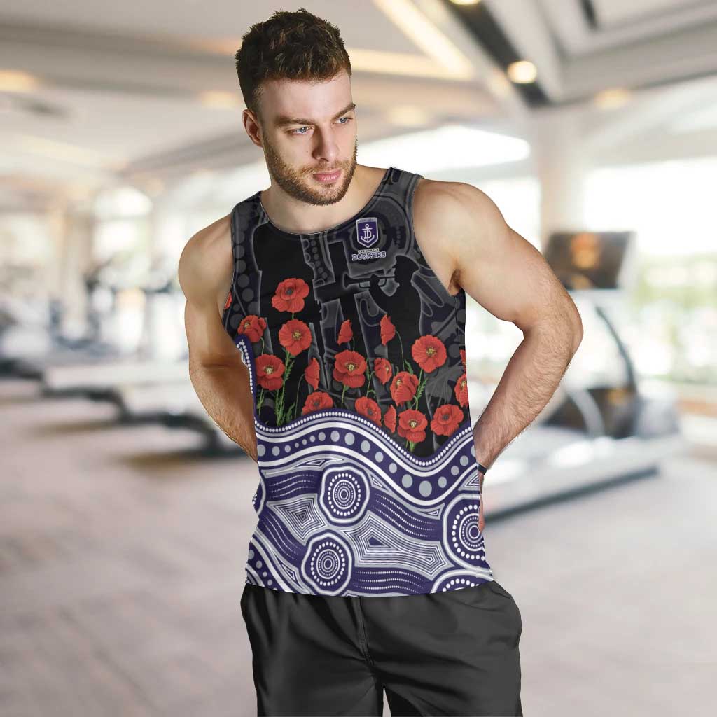 Fremantle Dockers ANZAC Day Men Tank Top Indigenous Dot Art with Poppy Flower Tribute