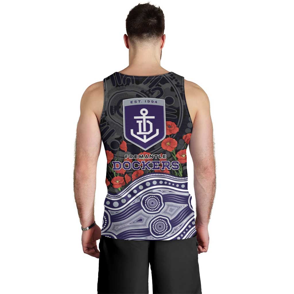 Fremantle Dockers ANZAC Day Men Tank Top Indigenous Dot Art with Poppy Flower Tribute