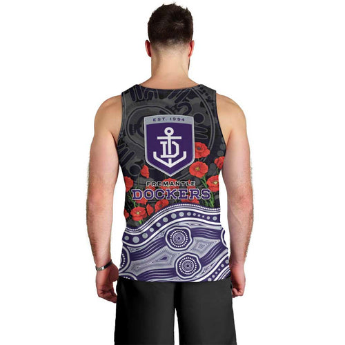 Fremantle Dockers ANZAC Day Men Tank Top Indigenous Dot Art with Poppy Flower Tribute