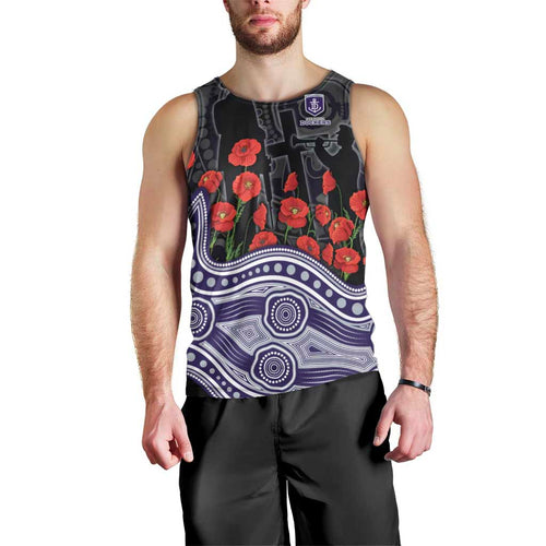 Fremantle Dockers ANZAC Day Men Tank Top Indigenous Dot Art with Poppy Flower Tribute