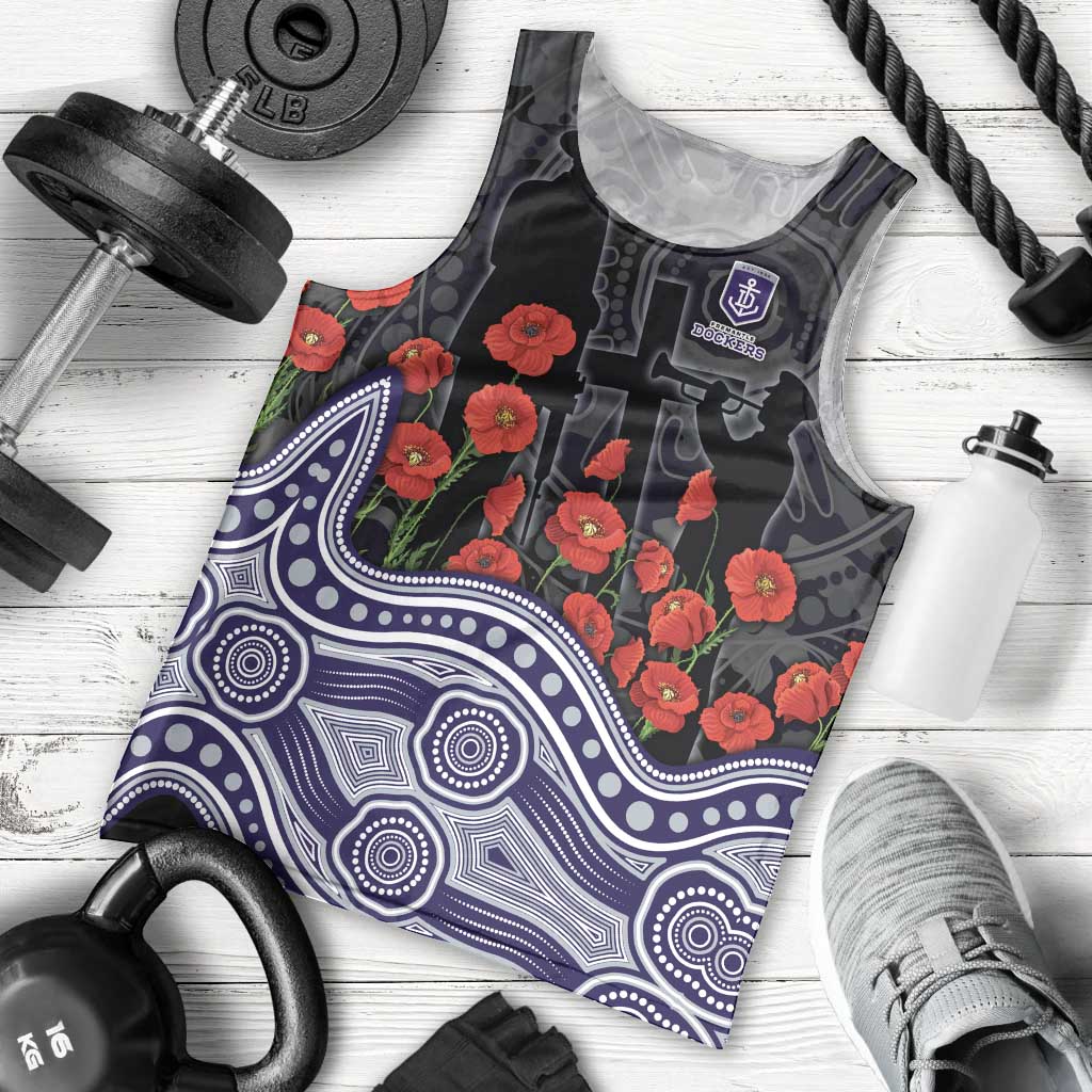Fremantle Dockers ANZAC Day Men Tank Top Indigenous Dot Art with Poppy Flower Tribute