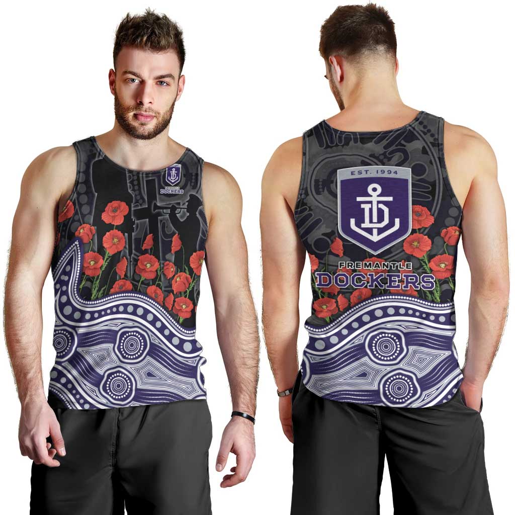 Fremantle Dockers ANZAC Day Men Tank Top Indigenous Dot Art with Poppy Flower Tribute