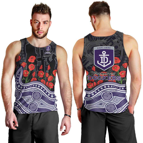 Fremantle Dockers ANZAC Day Men Tank Top Indigenous Dot Art with Poppy Flower Tribute