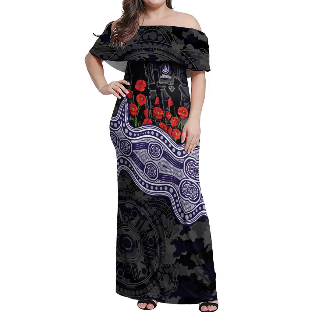 Fremantle Dockers ANZAC Day Off Shoulder Maxi Dress Indigenous Dot Art with Poppy Flower Tribute