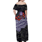 Fremantle Dockers ANZAC Day Off Shoulder Maxi Dress Indigenous Dot Art with Poppy Flower Tribute