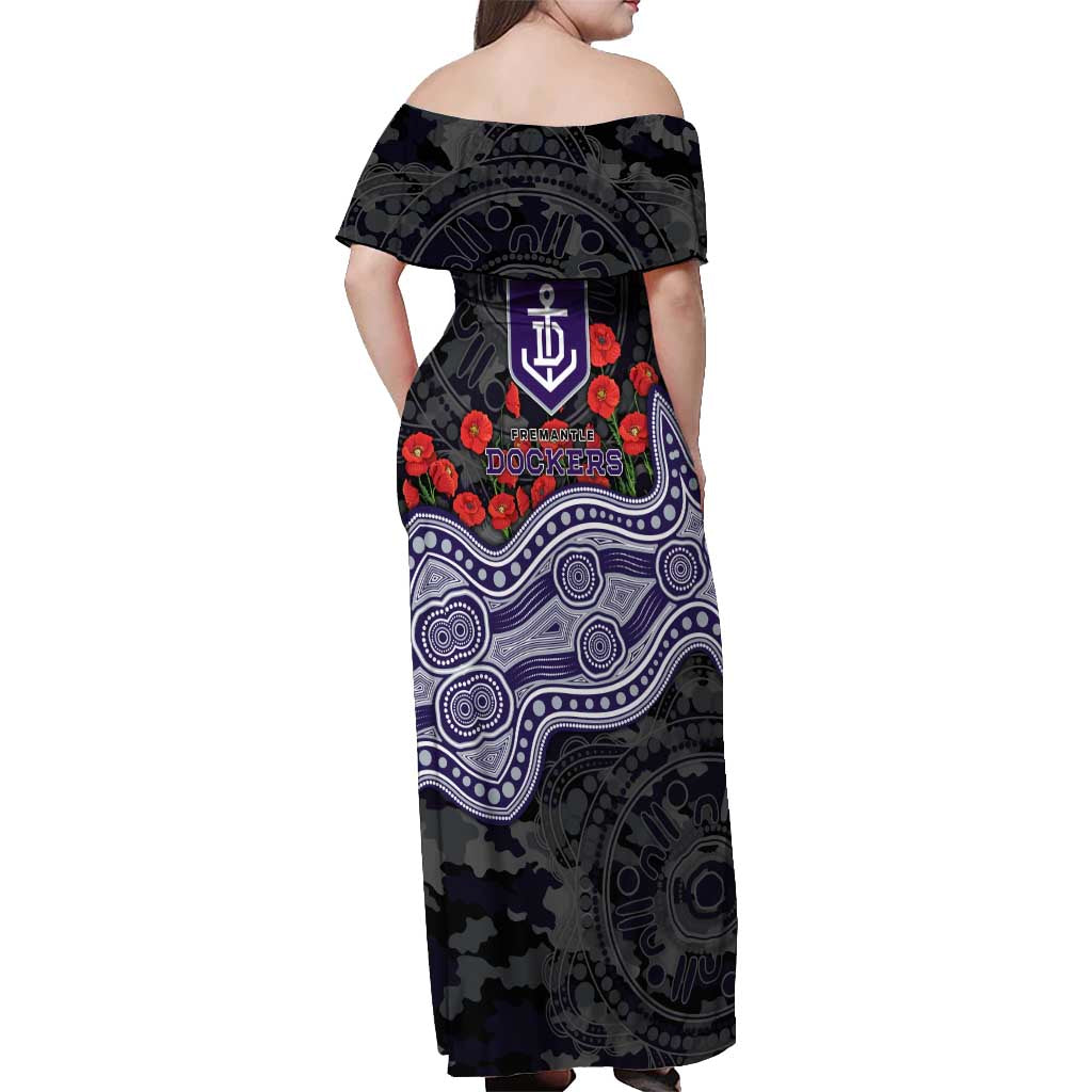 Fremantle Dockers ANZAC Day Off Shoulder Maxi Dress Indigenous Dot Art with Poppy Flower Tribute